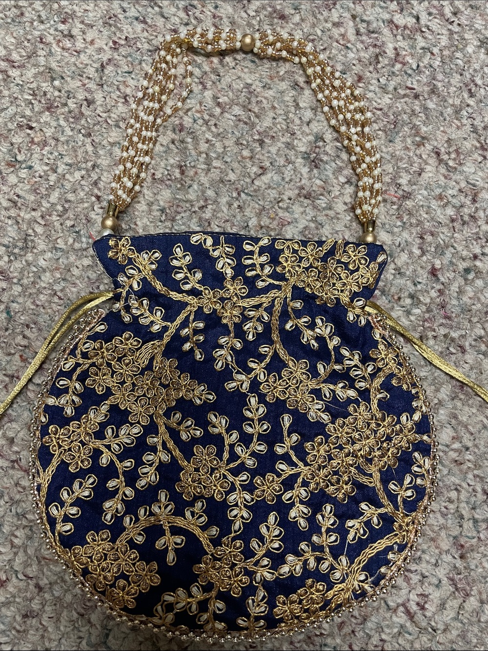 Beaded handle Navy and embroidered Gold Evening Drawstring Bag- new